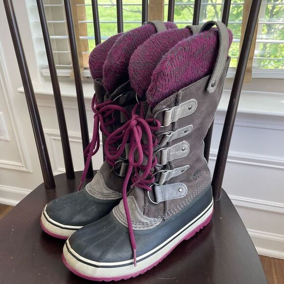 Sorel Joan of Arctic Knit Shale Winter Boots 8 Leather Waterproof Purple $240
